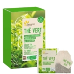 Une boîte verte de thé vert biologique Fleurance Nature Thé Vert Bio Équitable Contrôle Poids 20 Infusettes, présentée avec un sachet de thé et un paquet scellé. L'emballage présente des feuilles vertes et des informations multilingues en français, anglais et espagnol. Dakar