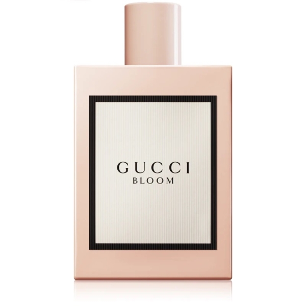 Flacon de parfum rectangulaire rose pâle avec une étiquette blanc cassé bordée de noir, indiquant "Gucci Bloom Eau de Parfum pour Femme 30ml" en lettres capitales noires. Dakar