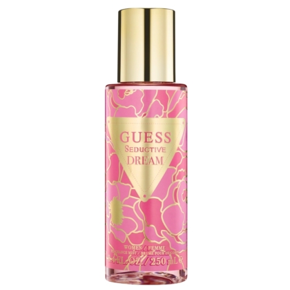 Flacon rose et or de Guess Brume Corporelle Seductive Dream 250 ml pour femme, décoré de motifs floraux et d'un bouchon doré. L'étiquette indique le nom de la marque et du produit ainsi que le volume de 250 ml. Dakar