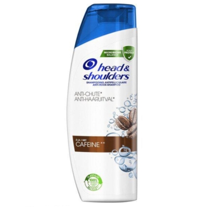 Un flacon de 284 ml de shampooing Head & Shoulders Anti-Pelliculaire Anti-Chute avec un bouchon bleu à charnière, avec des grains de café et des bulles sur l'étiquette et des informations bilingues sur le produit en anglais et en français. Dakar
