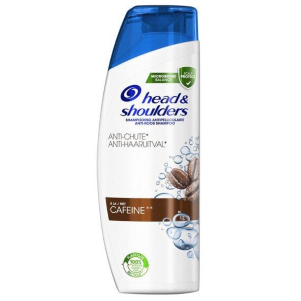 Un flacon de 284 ml de shampooing Head & Shoulders Anti-Pelliculaire Anti-Chute avec un bouchon bleu à charnière, avec des grains de café et des bulles sur l'étiquette et des informations bilingues sur le produit en anglais et en français. Dakar