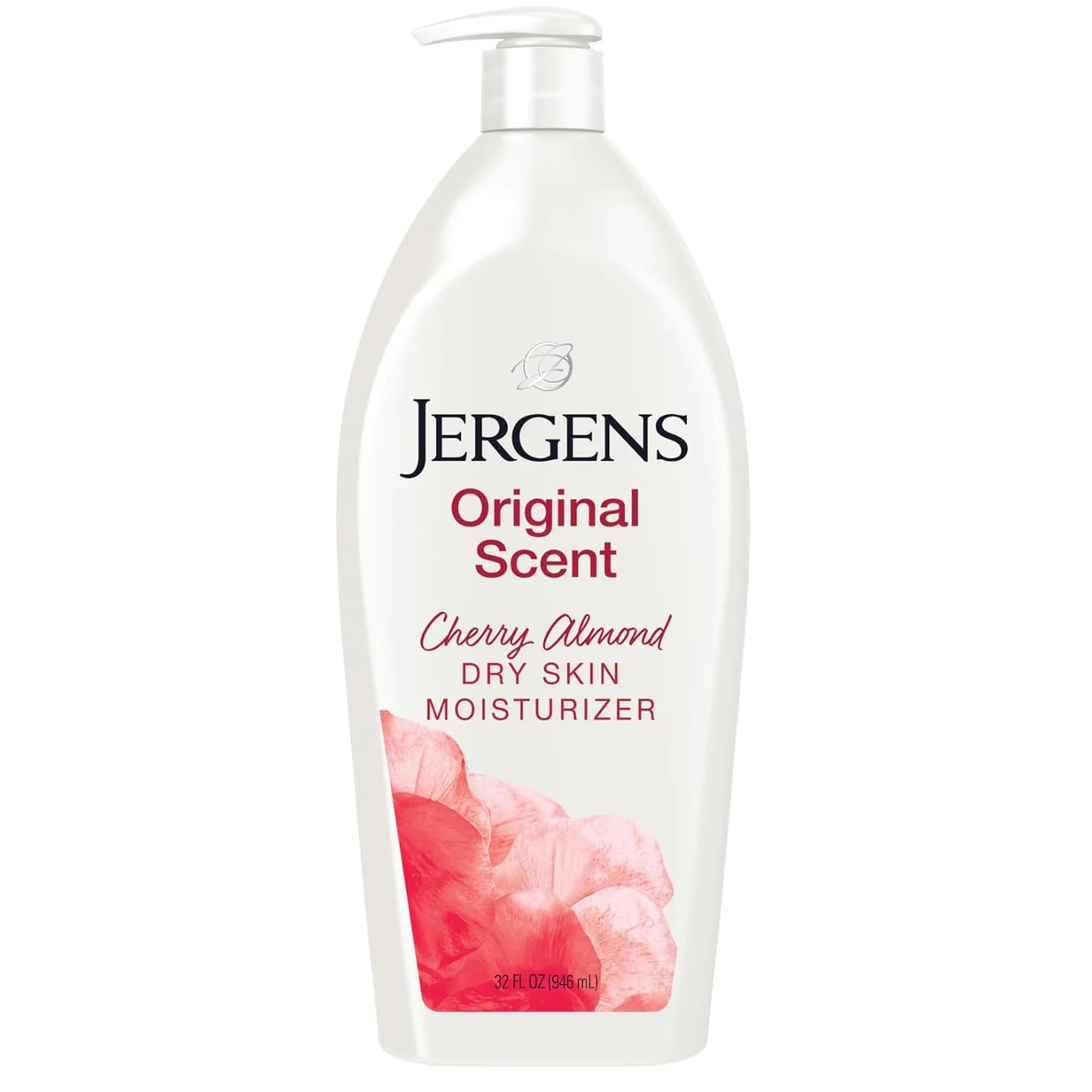 Un grand flacon blanc de Jergens Lait Corporel Original Scent 621 ml avec un bouchon à pompe et un motif floral rose au bas de l'étiquette. Dakar