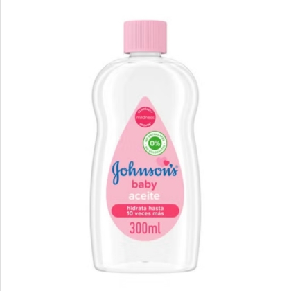 Un flacon en plastique transparent de Johnson's Baby Huile Bébé Original 300 ml avec un bouchon et une étiquette roses, contenant de l'"acéite pour bébé", 0 % de colorants et promettant jusqu'à 10 fois plus d'hydratation. Dakar