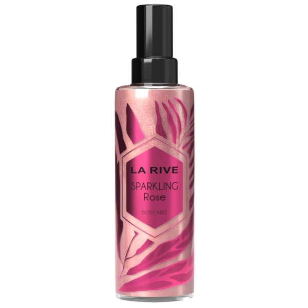 Une bouteille rose de 200 ml de La Rive Sparkling Rose Brume Corporelle à la Rose Pétillante est munie d'un bouchon vaporisateur noir et de motifs de feuilles roses sur l'étiquette. Dakar