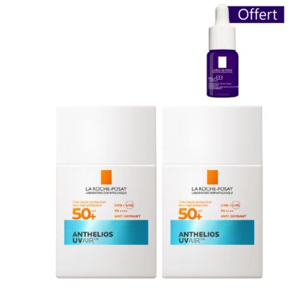 Deux flacons de La Roche-Posay Anthelios UV Air Fluide Invisible SPF50+ Hydratant et Matifiant 40ml et un petit flacon compte-gouttes violet sont présentés, avec une étiquette violette "Offert" dans le coin supérieur droit. Dakar