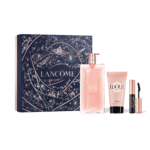 Le Coffret Parfum Idôle pour Femme de Lancôme comprend un grand parfum Idôle, une lotion pour le corps assortie, un mini mascara, et est présenté dans une boîte décorative bleu marine avec des accents or rose et le texte "LANCOME". Dakar