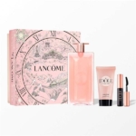 Le Coffret Parfum Idôle pour Femme de Lancôme comprend l'Eau de parfum 50ml, la Crème corps 50ml et le Mascara 2.5ml, joliment emballés dans une boîte rose illustrée avec des chiffres romains et des motifs de paysage urbain. Dakar