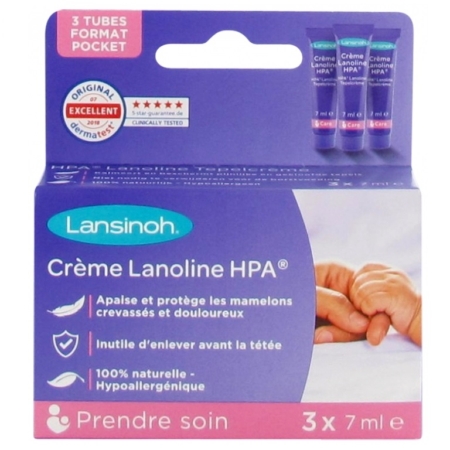 Une boîte violette et bleue de Lansinoh Crème Apaisante Lanoline HPA Pour Mamelons 3x7 ml avec trois petits tubes. L'emballage, en français, met en avant sa formule 100% naturelle pour apaiser et protéger les mamelons crevassés. Dakar