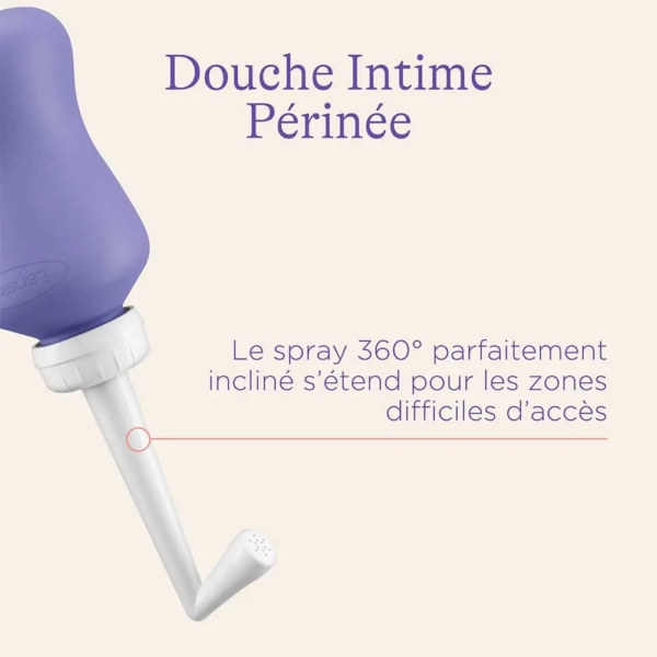La Douche Intime Périnée de Lansinoh (1 pièce) est présentée en violet avec un embout blanc incliné. Le texte en français met en avant son jet à 360° pour la toilette intime et l'atteinte des zones difficiles d'accès. Dakar