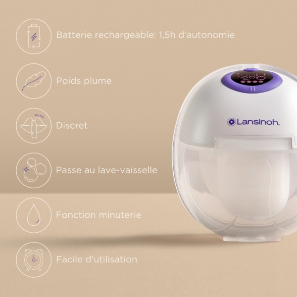 Le Lansinoh Tire Lait Portable Mains Libres 1 pièce est un dispositif électronique avec affichage digital, batterie rechargeable (1,5h d'autonomie), léger, discret, compatible lave-vaisselle, fonction minuterie et facile à utiliser. Dakar