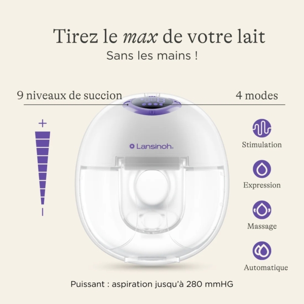 Image du Lansinoh Tire Lait Portable Mains Libres 1 pièce : 9 niveaux d'aspiration, 4 modes (Stimulation, Expression, Massage, Automatique), aspiration maximale de 280 mmHg ; le texte en français met en évidence l'extraction du lait en mode mains libres. Dakar
