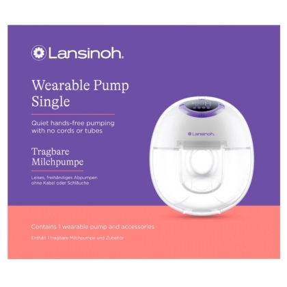 Lansinoh Tire Lait Portable Mains Libres 1 pièce : boîte produit blanche et violette mettant en avant un tire-lait portable, silencieux, sans fil ni tube pour une utilisation mains libres. Dakar