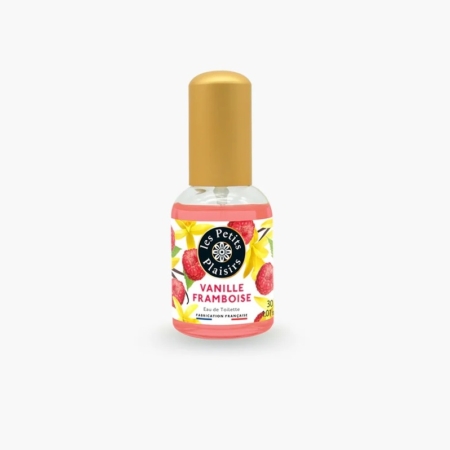 Les Petits Plaisirs Eau de toilette Vanille Framboise 30 ml se présente dans un petit vaporisateur avec un bouchon doré et une étiquette décorée de fleurs de vanille et de framboises. Dakar