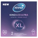 Face avant d'une boîte de préservatifs Manix King Size Max Boîte de 2, violette avec un texte blanc et rose, affichant "NEW", "Ultra Fin + Grande Taille", 2 préservatifs, et "100% electronically tested" pour une confiance ultime. Dakar