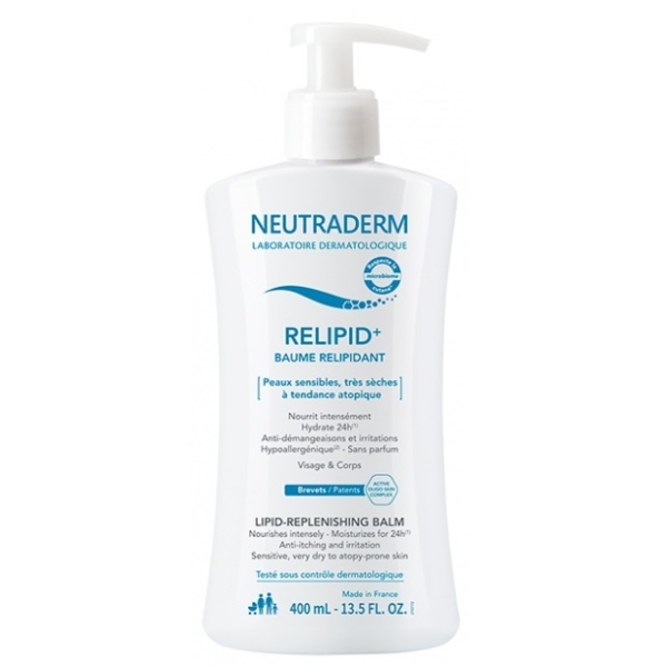 Neutraderm Relipid+ Baume Relipidant 400 ml se présente dans un flacon pompe blanc avec un texte bleu et noir, conçu pour les peaux sensibles, sèches et atopiques. Dakar