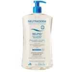 Flacon pompe transparent de 1L de Neutraderm Relipid+ Huile Lavante Relipidante pour les peaux sensibles, très sèches et atopiques, avec un étiquetage en français et en anglais et un distributeur à pompe bleu. Dakar