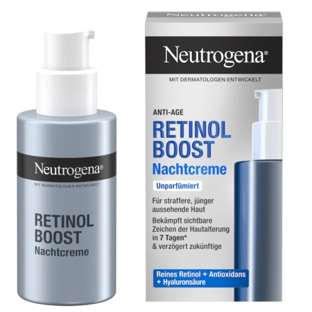 Flacon et emballage de Neutrogena Crème Anti Age de Nuit Retinol Boost 50 ml, principalement gris et bleu, mettant en valeur le nom du produit et soulignant les ingrédients clés : rétinol, antioxydants et acide hyaluronique. Dakar