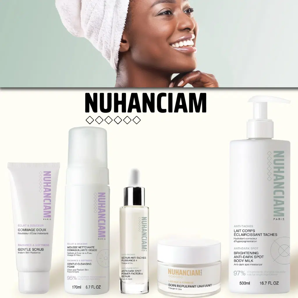 Une femme souriante coiffée d'un turban en serviette est représentée au-dessus du logo NUHANCIAM, tandis que cinq produits de soin NUHANCIAM d'Univers Cosmetix (gommage, sérum, crème et lait corporel) sont joliment présentés en dessous. Dakar