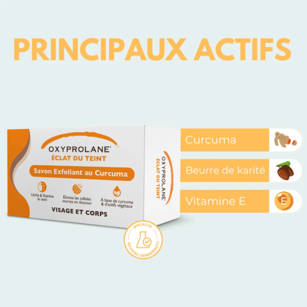 Une boîte d'Oxyprolane Savon Exfoliant au Curcuma Éclat du Teint 220 g est présentée. Les icônes et le texte mettent en évidence le curcuma, le beurre de karité et la vitamine E en tant qu'ingrédients clés, avec le titre orange en gras "PRINCIPAUX ACTIFS" au-dessus. Dakar