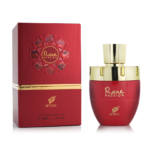 Un flacon rouge et or Rare Passion Eau de Parfum pour Femme 100 ml d'Afnan est présenté à côté de sa boîte assortie aux accents dorés, tous deux dotés d'un design élégant et contenant un luxueux parfum de 3,4 fl oz. Dakar