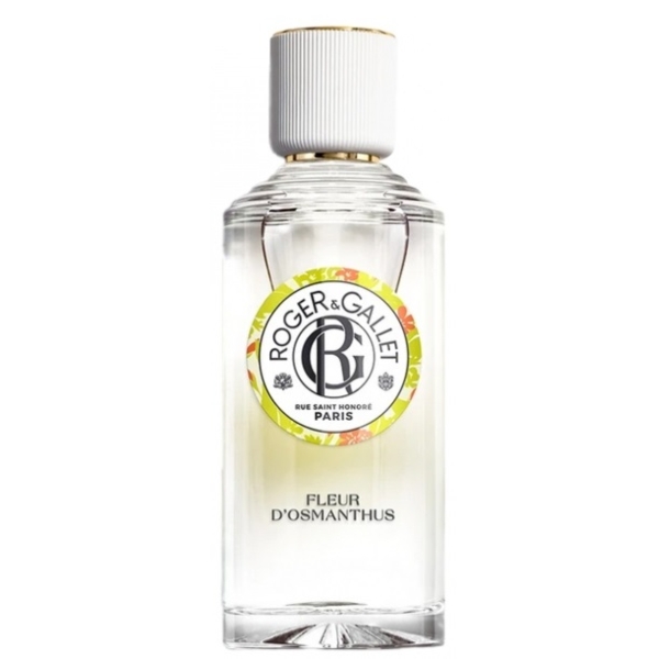 Un flacon en verre transparent du parfum Roger & Gallet Fleur d'Osmanthus avec un bouchon blanc et or. L'étiquette est circulaire, avec le nom de la marque et des accents floraux, et le nom du parfum apparaît en dessous. Dakar