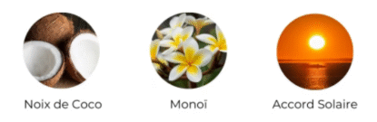 Trois cercles illustrent l'Eau de Toilette Monoï Coco 30ml : des noix de coco coupées en deux (Noix de Coco), des fleurs de plumeria blanc-jaune (Monoi) et un coucher de soleil sur l'eau (Accord Solaire). Dakar
