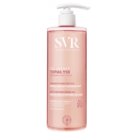 Un flacon pompe rose de 400 ml de Svr Topialyse Gel Lavant Anti Grattage et Apaisant Peaux Sensibles, un nettoyant apaisant et hydratant pour peaux sensibles, fabriqué en France. Dakar