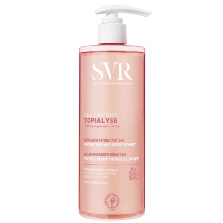 Un flacon pompe rose de 400 ml de Svr Topialyse Gel Lavant Anti Grattage et Apaisant Peaux Sensibles, un nettoyant apaisant et hydratant pour peaux sensibles, fabriqué en France. Dakar