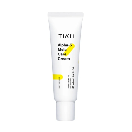Un tube blanc étiqueté "Tiam Alpha 5 Mela Crème Éclat Anti Taches Peau Terne" avec des accents jaunes, contenant 30 ml (1.05 fl. oz) de crème de soin, se tient debout sur un fond blanc uni. Dakar