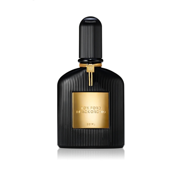 Un flacon noir nervuré de 30 ml de Tom Ford Black Orchid Eau de Parfum pour Femme, avec des accents et une étiquette dorés, se tient debout sur un fond blanc. Dakar