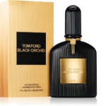 Un flacon noir nervuré de 30 ml d'Eau de Parfum pour Femme Tom Ford Black Orchid avec des accents dorés est placé à côté de son coffret rayé assorti, tous deux portant le nom de la marque et du parfum en or. Dakar
