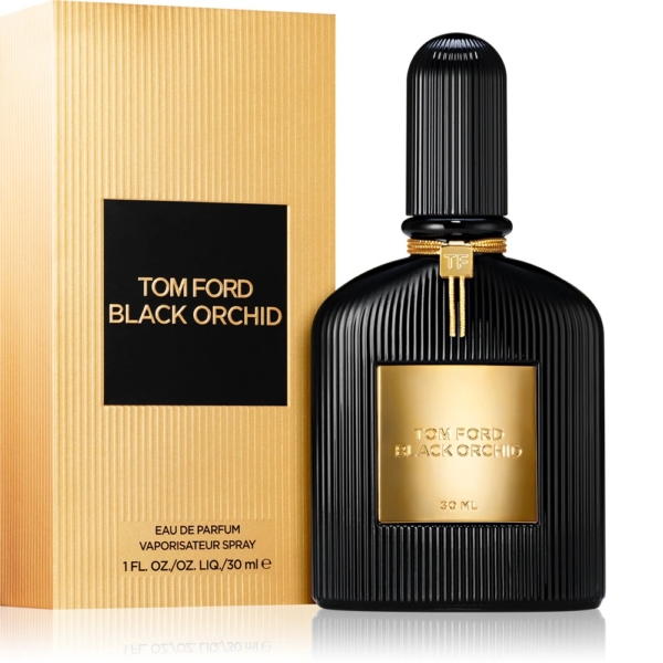 Un flacon noir nervuré de 30 ml d'Eau de Parfum pour Femme Tom Ford Black Orchid avec des accents dorés est placé à côté de son coffret rayé assorti, tous deux portant le nom de la marque et du parfum en or. Dakar