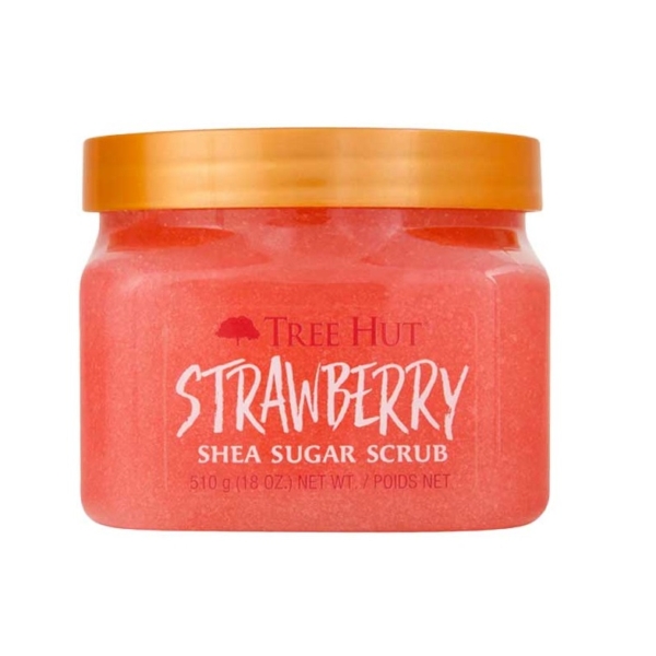 Un pot de Gommage corporel à la fraise et au sucre de karité 510 g avec un couvercle orange doré, montrant le gommage rose à l'intérieur. L'étiquette indique le nom du produit et son poids (510 g). Dakar