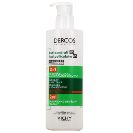 Un flacon blanc de Vichy Dercos Shampoing Démêlant Traitant Anti Pelliculaire Cuir Chevelu Sensible 390 ml avec un distributeur à pompe, mettant en avant ses bienfaits pour les cuirs chevelus sensibles et son action antipelliculaire. Dakar