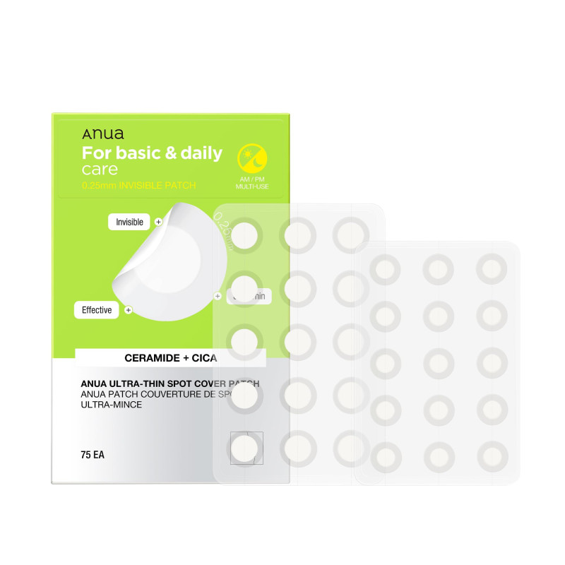 Un paquet de patchs Anua Ultra-Thin Spot Cover pour les soins de base et quotidiens est présenté, avec un motif vert et blanc et deux feuilles transparentes de patchs circulaires visibles à côté de la boîte. Dakar