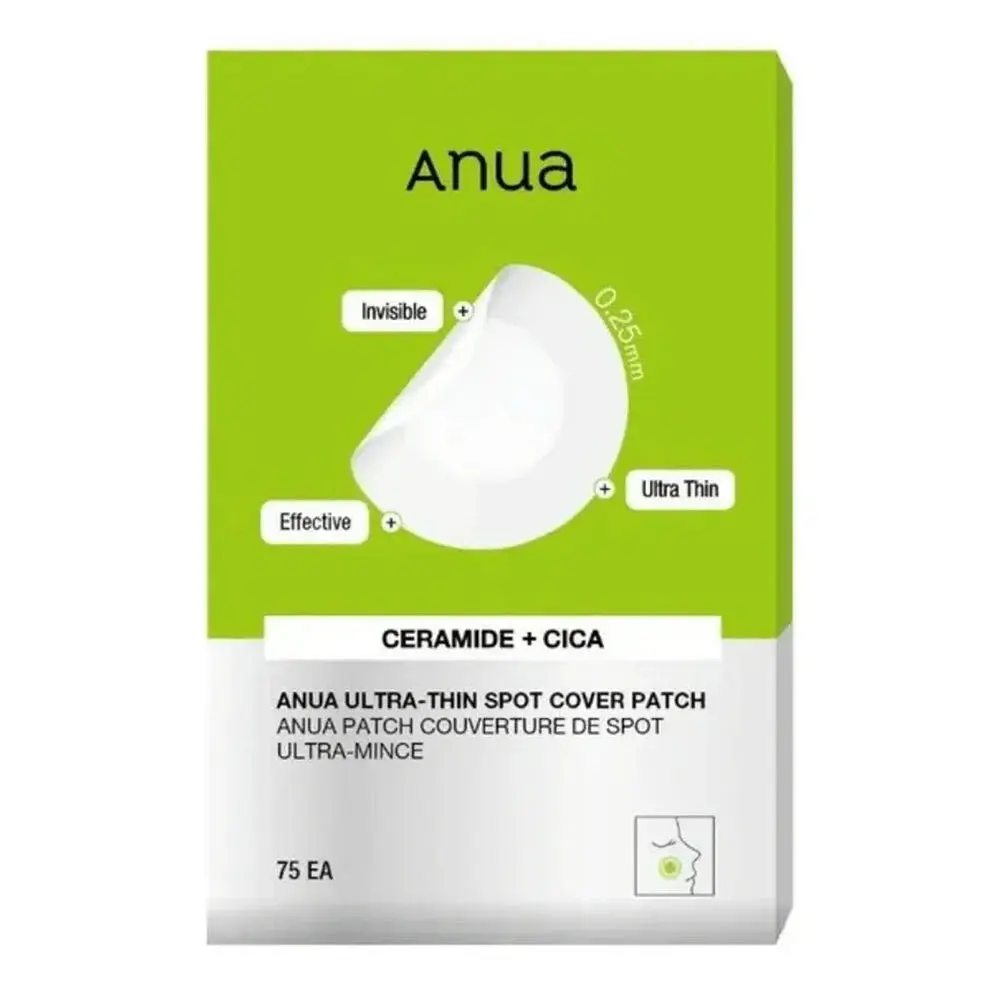Boîte verte et blanche d'Anua Ultra-Thin Spot Cover Patch avec ceramide et cica. L'emballage met en évidence des caractéristiques telles que "Invisible", "Ultra fin" et "Efficace". Contient 75 patchs. Dakar