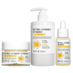 Le kit Aplb Soin du Visage et Corps Illuminatrice comprend une crème pour le visage au rétinol (pot), une lotion pour le corps à la vitamine C (pompe) et un sérum en ampoule à la vitamine E (flacon compte-gouttes). Dakar