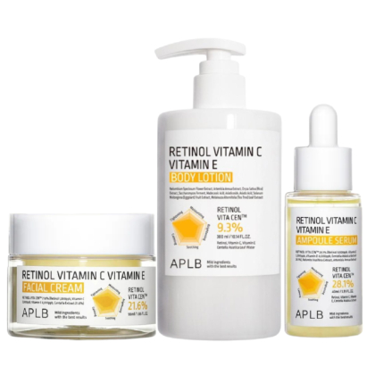 Le kit Aplb Soin du Visage et Corps Illuminatrice comprend une crème pour le visage au rétinol (pot), une lotion pour le corps à la vitamine C (pompe) et un sérum en ampoule à la vitamine E (flacon compte-gouttes). Dakar