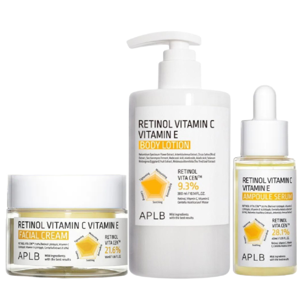 Le kit Aplb Soin du Visage et Corps Illuminatrice comprend une crème pour le visage au rétinol (pot), une lotion pour le corps à la vitamine C (pompe) et un sérum en ampoule à la vitamine E (flacon compte-gouttes). Dakar