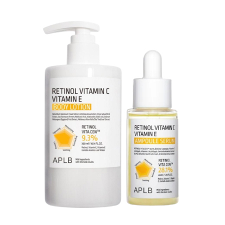 Le kit Aplb Soin du Visage et Corps Illuminatrice comprend un flacon pompe blanc de lotion corporelle et un flacon compte-gouttes de sérum en ampoule, tous deux étiquetés "Retinol Vitamine C Vitamine E" avec des accents jaunes. Dakar