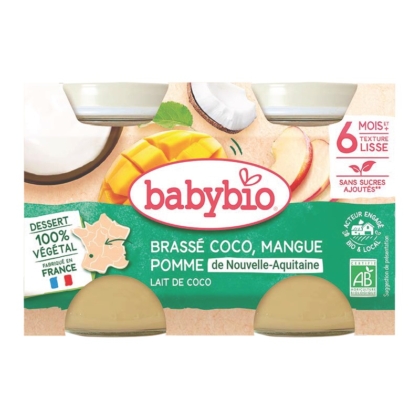 Babybio Babyfood Brassé Végétal au Lait de Coco Mangue Pomme 2x130g est un dessert bio et végétal à base de noix de coco, mangue et pomme pour les bébés de plus de 6 mois. Sans sucre ajouté, texture onctueuse, origine française. L'emballage présente des images de fruits et des symboles de certification. Dakar