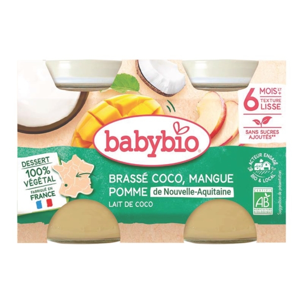 Babybio Babyfood Brassé Végétal au Lait de Coco Mangue Pomme 2x130g est un dessert bio et végétal à base de noix de coco, mangue et pomme pour les bébés de plus de 6 mois. Sans sucre ajouté, texture onctueuse, origine française. L'emballage présente des images de fruits et des symboles de certification. Dakar