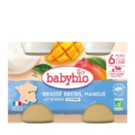 BabyBio Dessert Brassé Brebis Mangue Petits pots 2x130g est un yaourt bio au lait de brebis et à la mangue pour les bébés dès 6 mois, à la texture onctueuse et sans sucres ajoutés. L'emballage met en avant la mangue, le yaourt et l'origine française. Dakar