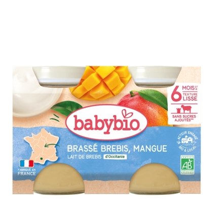 BabyBio Dessert Brassé Brebis Mangue Petits pots 2x130g est un yaourt bio au lait de brebis et à la mangue pour les bébés dès 6 mois, à la texture onctueuse et sans sucres ajoutés. L'emballage met en avant la mangue, le yaourt et l'origine française. Dakar