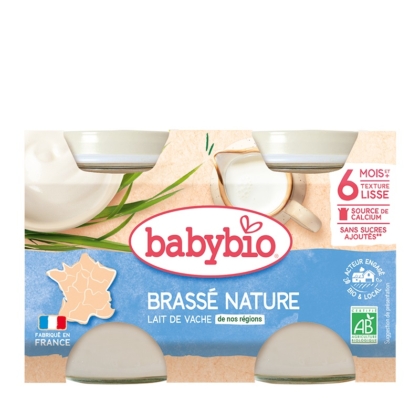 Paquet de quatre Babybio Desserts Lactés Bébé Brassé Nature, pots de 2x130g. Emballage bleu et beige avec un pot à lait et le drapeau français. Fabriqué en France, bio, sans sucres ajoutés, texture onctueuse. Informations nutritionnelles incluses. Dakar