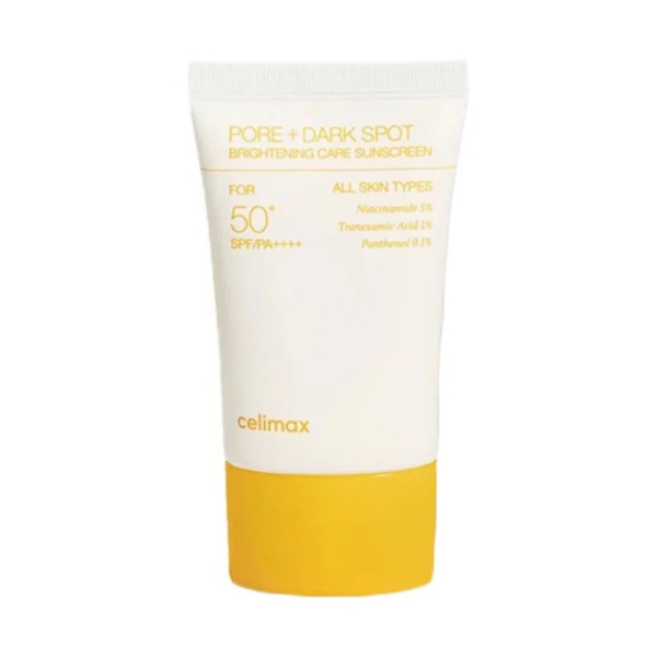 Tube de celimax Pore + Dark Spot Brightening Care Sunscreen SPF 50+, adapté à tous les types de peau, avec niacinamide, acide tranexamique et panthénol, avec un design blanc et jaune. Dakar
