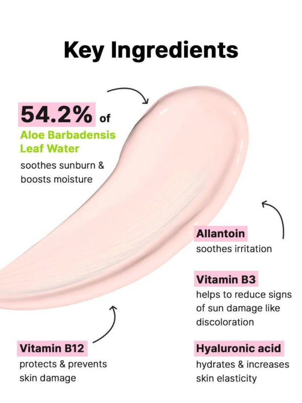 Le graphique de la Crème Teintée Solaire Tonifiante et Apaisante Aloe 54.2 Aqua 50 ml de Cosrx montre une crème rose, mettant en valeur 54,2% d'eau de feuilles d'Aloe Barbadensis, de l'allantoïne, de la vitamine B3, de la vitamine B12 et de l'acide hyaluronique, avec de brefs avantages pour la peau. Dakar