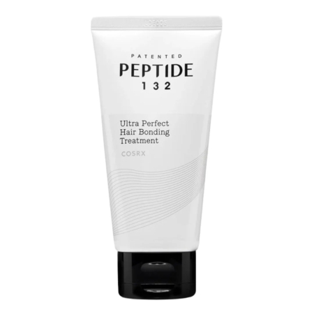 Un tube blanc étiqueté "PEPTIDE 132 Ultra Perfect Hair Bonding Treatment COSRX" avec un bouchon noir, debout sur un fond uni. Dakar