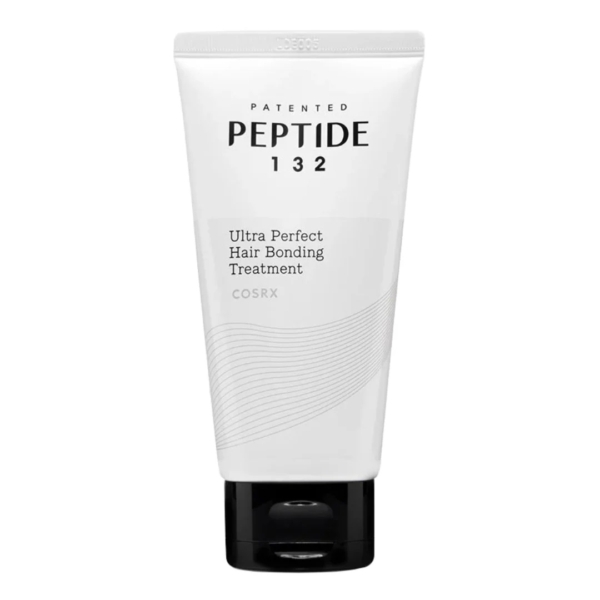 Un tube blanc étiqueté "PEPTIDE 132 Ultra Perfect Hair Bonding Treatment COSRX" avec un bouchon noir, debout sur un fond uni. Dakar