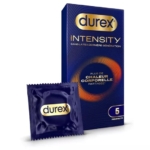 Une boîte de Durex Intensity Préservatifs sans Latex Boite 5 se tient debout, avec un seul préservatif dans un emballage bleu foncé et or à l'avant. La boîte affiche "5 préservatifs" et un texte en français. Dakar